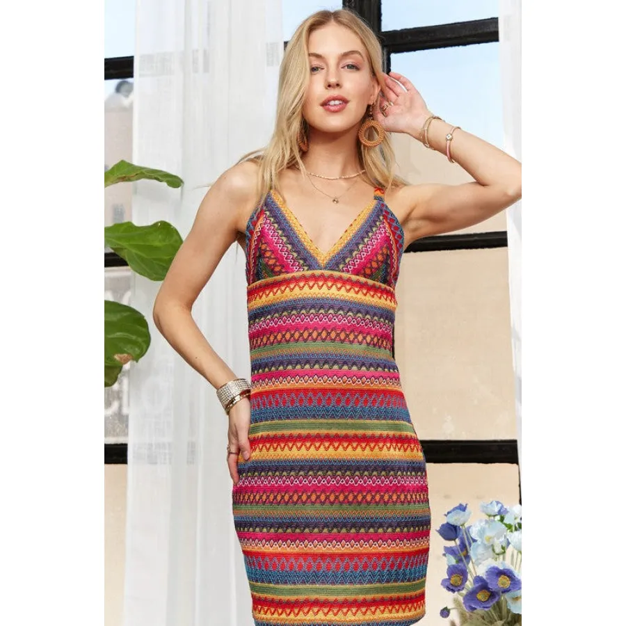 ADORA Contrast Striped V-Neck Mini Dress