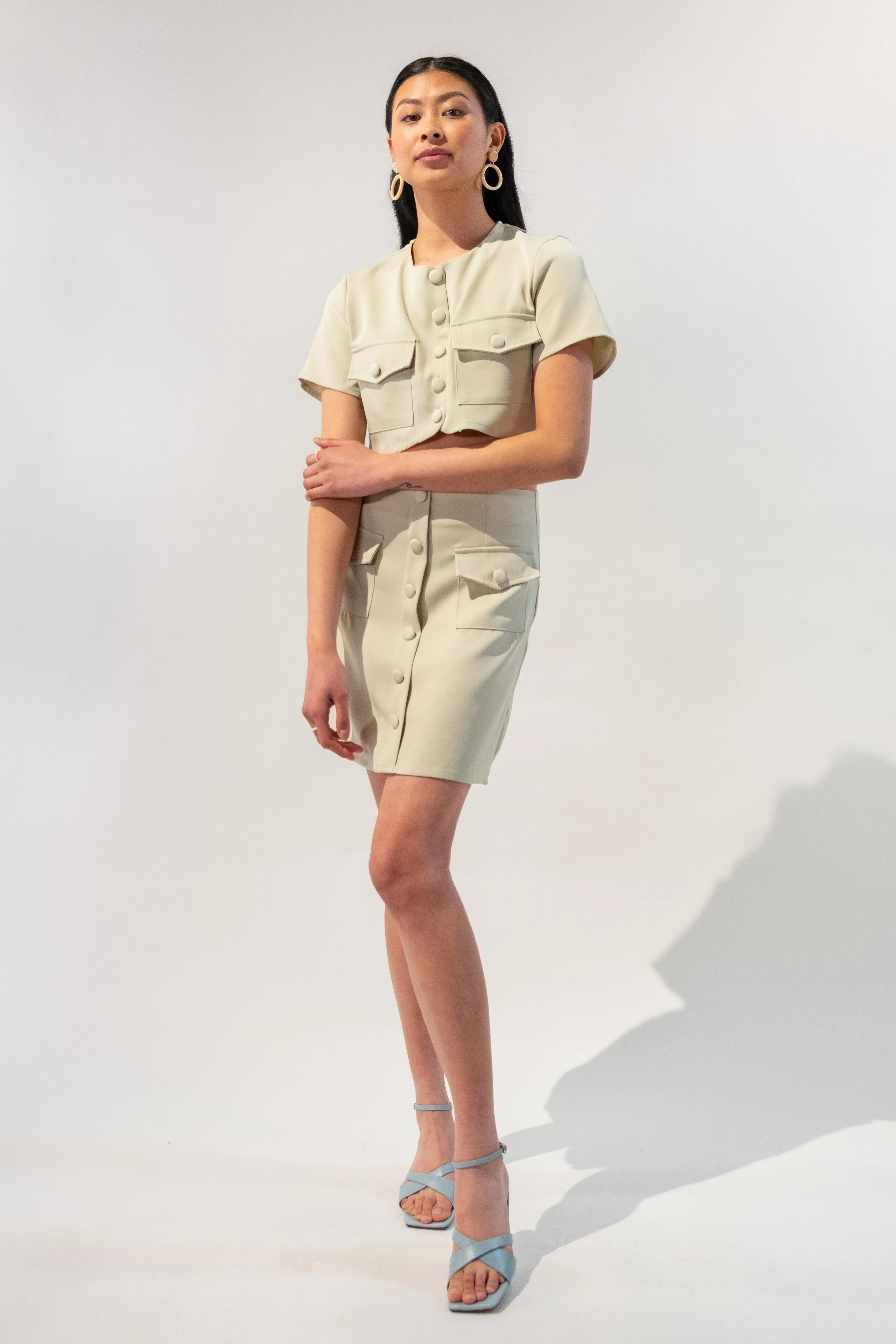 Chic Short Sleeve Button-Up Crop Top and Button Skirt Set