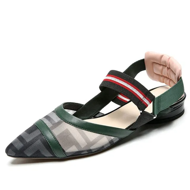 Fashion Women Flats Genuine Leather Mesh Elastic Band Comfortable Low Heels Pointed Toe SlingBacks Spring/Summer Shoes For Lady