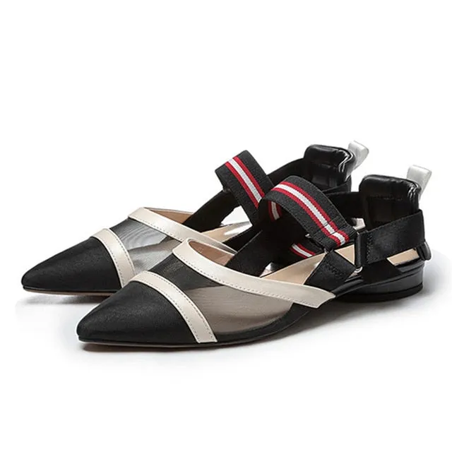 Fashion Women Flats Genuine Leather Mesh Elastic Band Comfortable Low Heels Pointed Toe SlingBacks Spring/Summer Shoes For Lady