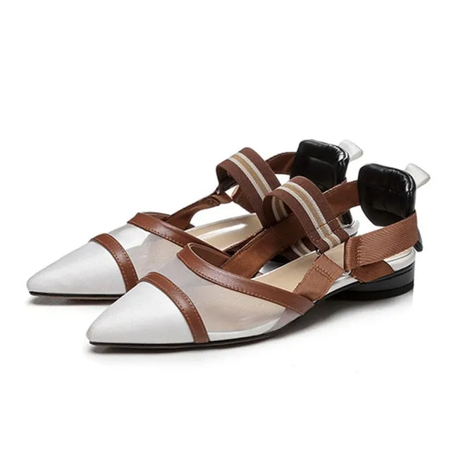 Fashion Women Flats Genuine Leather Mesh Elastic Band Comfortable Low Heels Pointed Toe SlingBacks Spring/Summer Shoes For Lady