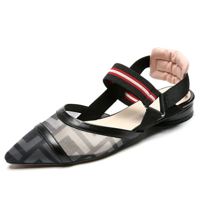 Fashion Women Flats Genuine Leather Mesh Elastic Band Comfortable Low Heels Pointed Toe SlingBacks Spring/Summer Shoes For Lady