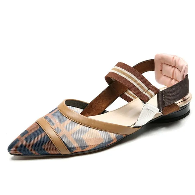 Fashion Women Flats Genuine Leather Mesh Elastic Band Comfortable Low Heels Pointed Toe SlingBacks Spring/Summer Shoes For Lady