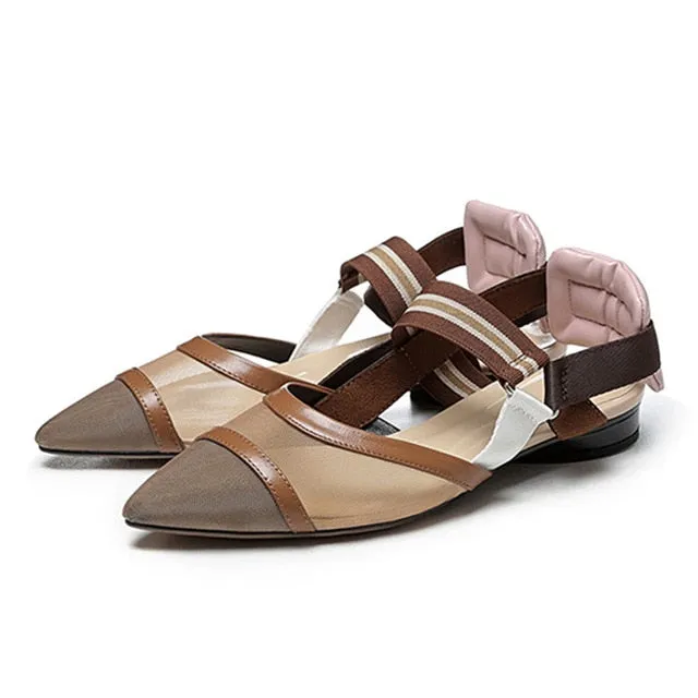Fashion Women Flats Genuine Leather Mesh Elastic Band Comfortable Low Heels Pointed Toe SlingBacks Spring/Summer Shoes For Lady