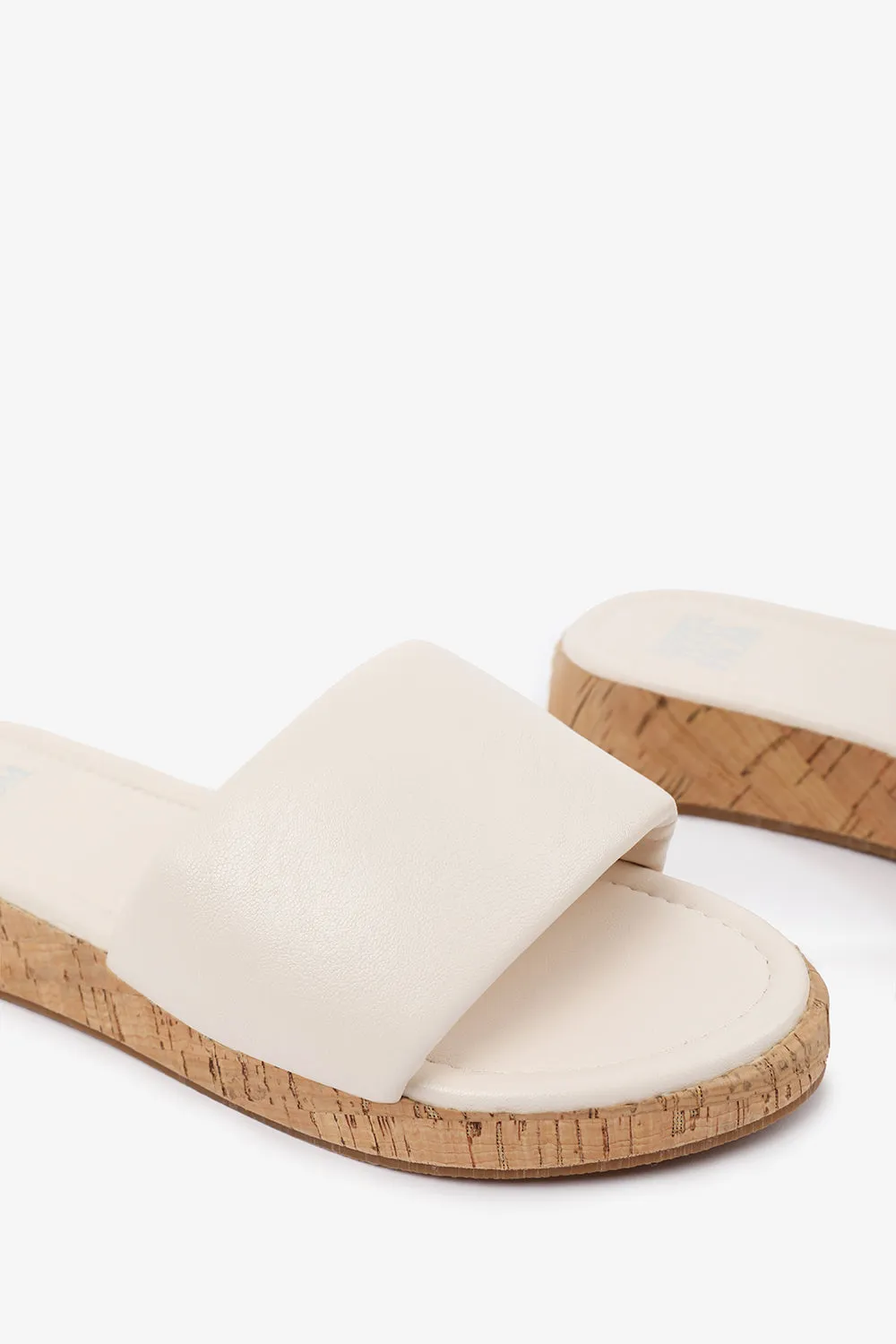JULIA  FLATFORM SLIDERS SANDAL IN CREAM FAUX LEATHER