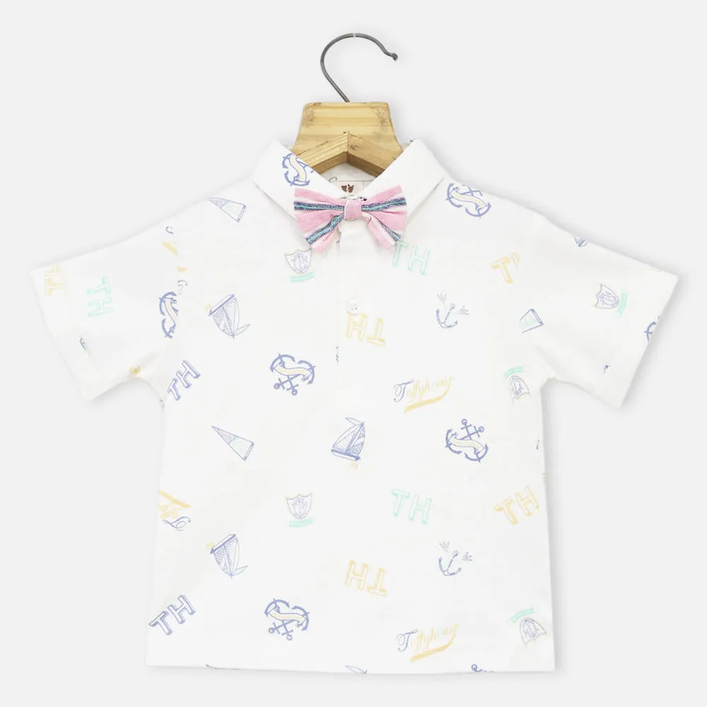 White Printed T-Shirt & Striped Shorts With Suspender Set