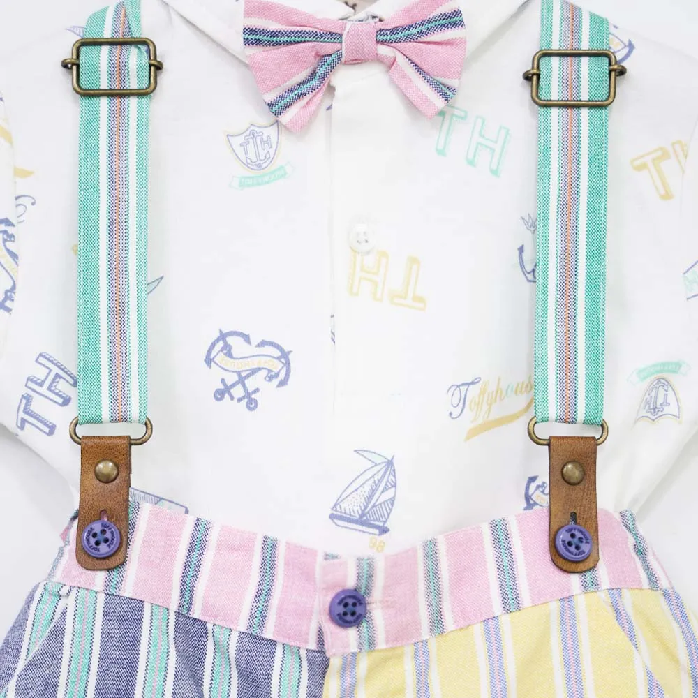 White Printed T-Shirt & Striped Shorts With Suspender Set