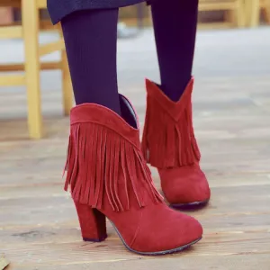 Women chunky high heel pointed toe short fringe boots